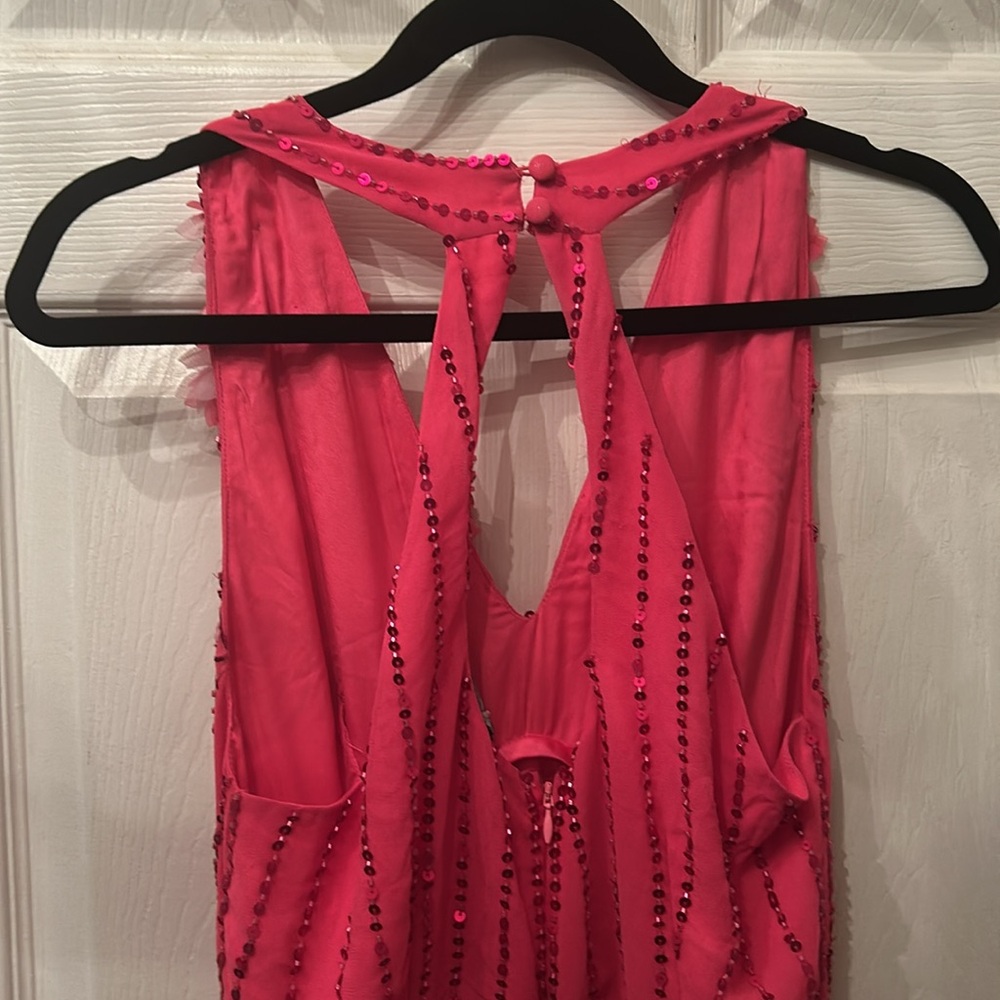 Hot Pink Floral Sequined Prom Gown - Picture 14 of 16